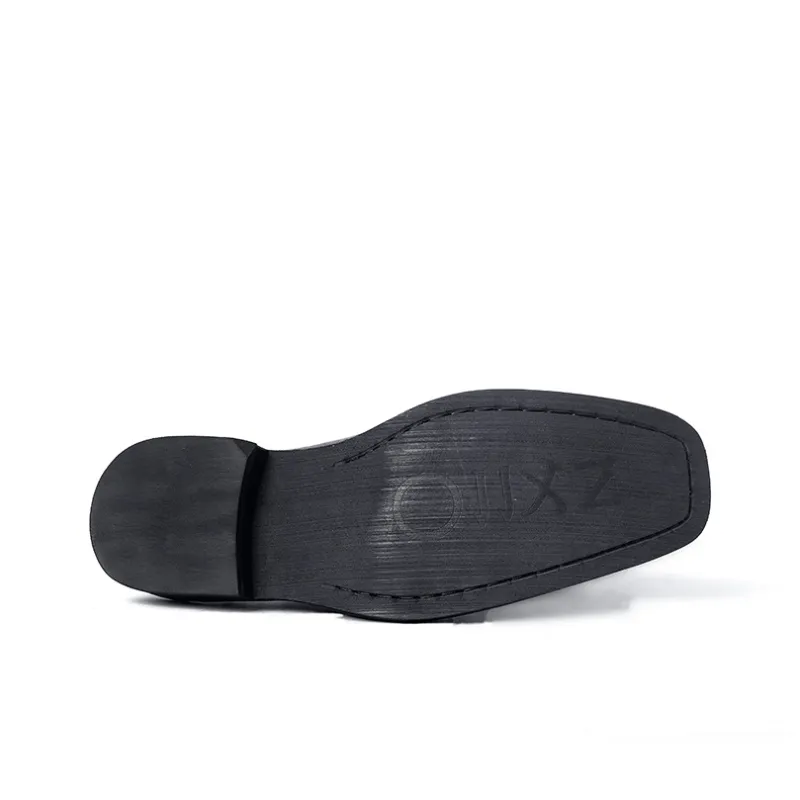 HUANXIANGZHE Square Toe Derby Shoes With Raised Toe, Genuine Leather Casual Leather Shoes Men's Black-6