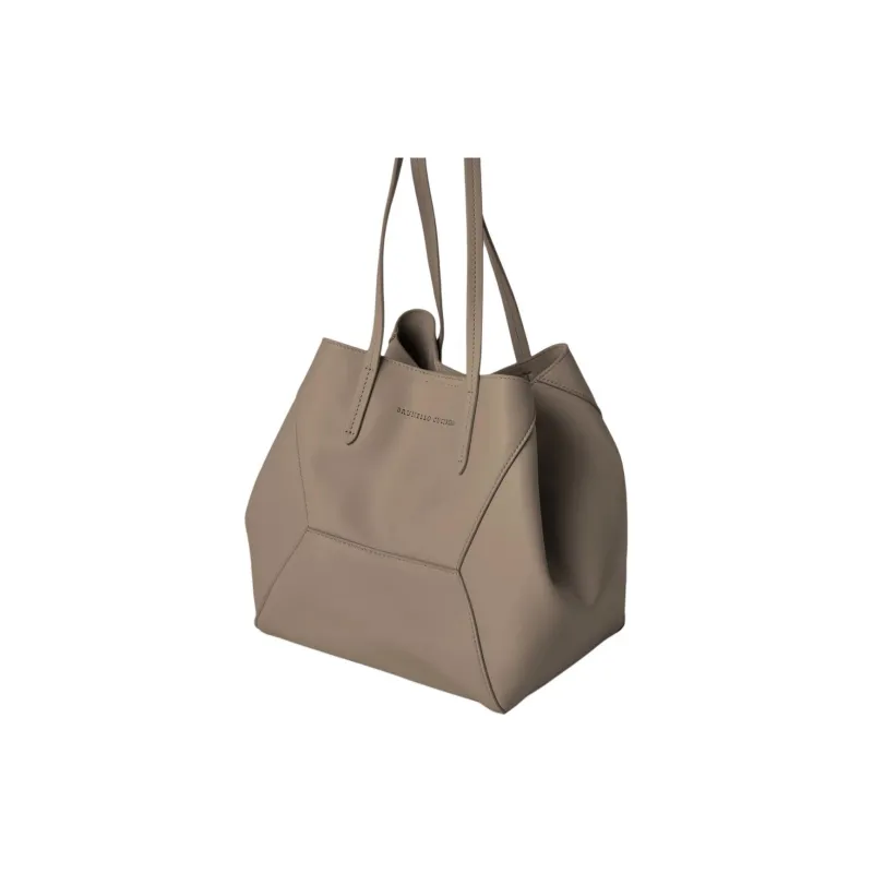 Brunello Cucinelli Calfskin Tote Bag Shopping Bag Shoulder Bags Small Size Women's Taupe Gray-2