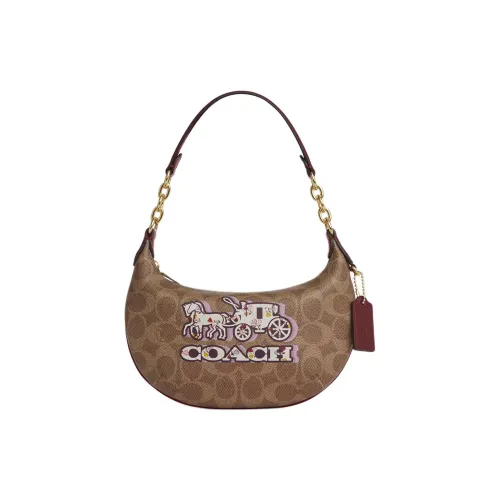 COACH Payton Coated Canvas With Smooth Leather Dumpling Bag Handbags Mini Women's Gold & Tan & Black Cherry Color