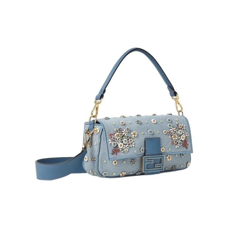 FENDI Baguette Denim Shoulder Bag, Crossbody Bag, Handbag Medium Size Women's Blue-1