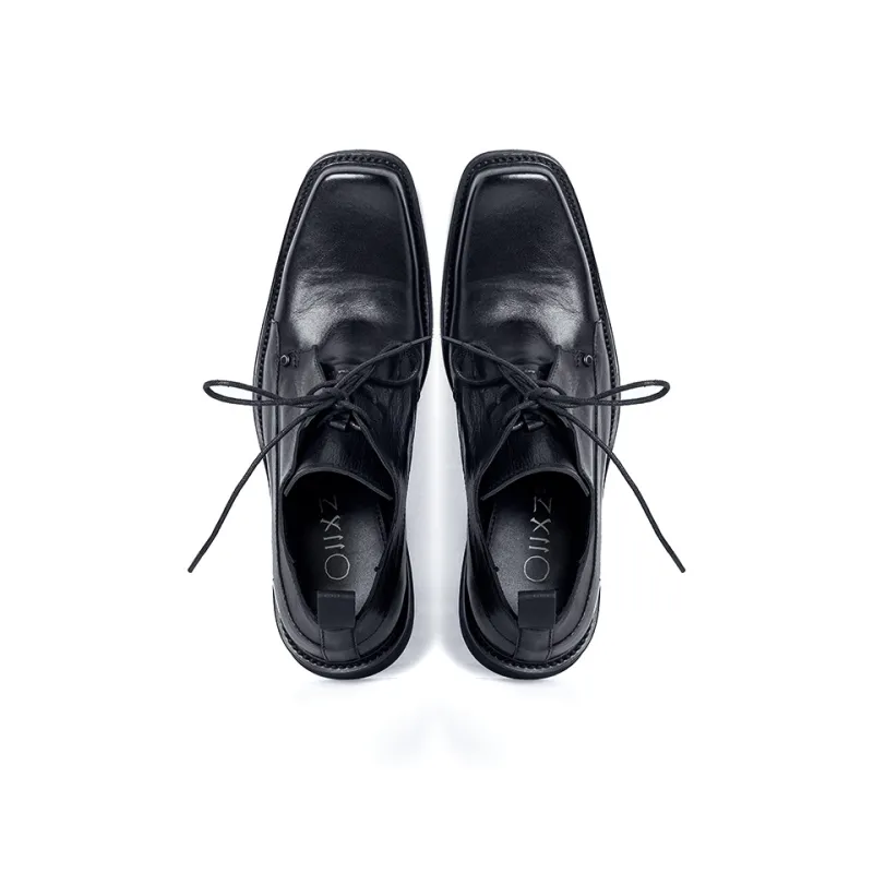 HUANXIANGZHE Square Toe Derby Shoes With Raised Toe, Genuine Leather Casual Leather Shoes Men's Black-5