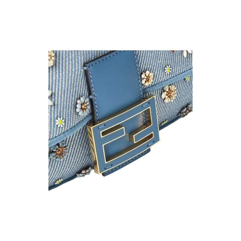 FENDI Baguette Denim Shoulder Bag, Crossbody Bag, Handbag Medium Size Women's Blue-4