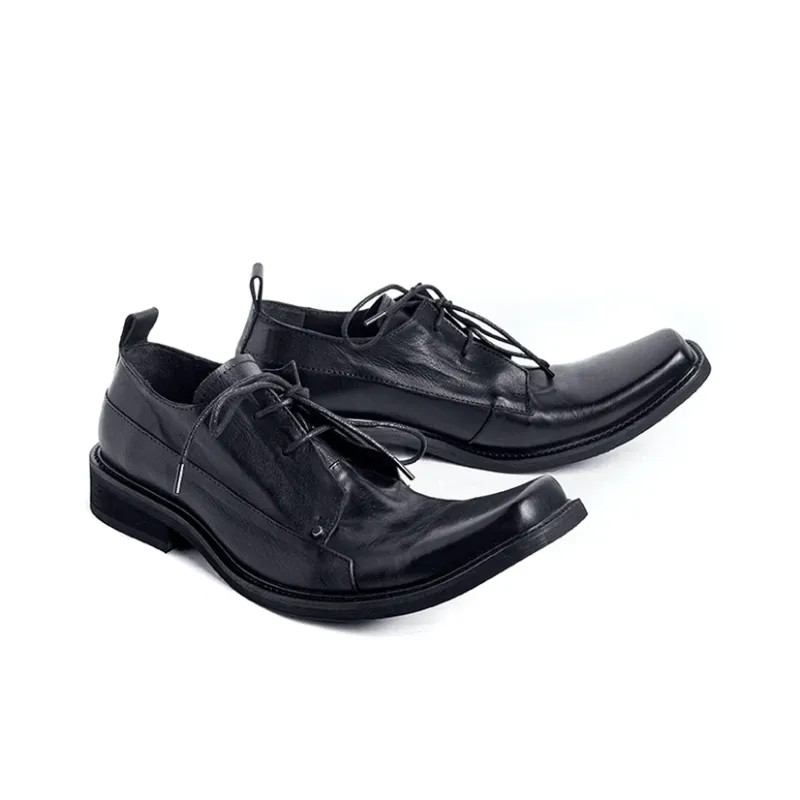 HUANXIANGZHE Square Toe Derby Shoes With Raised Toe, Genuine Leather Casual Leather Shoes Men's Black-4
