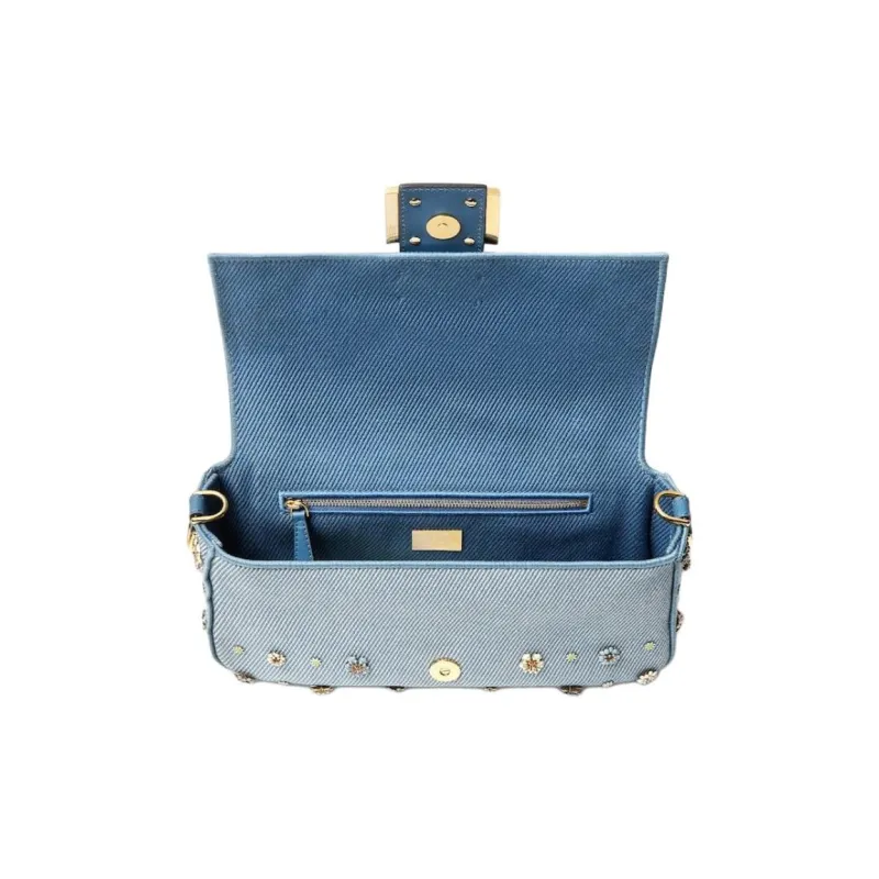 FENDI Baguette Denim Shoulder Bag, Crossbody Bag, Handbag Medium Size Women's Blue-3