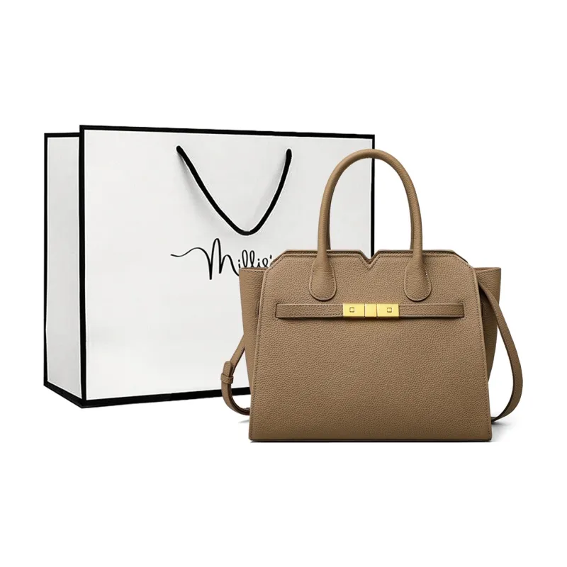 MILLIE'S Cow Leather Birkin Bag, Shoulder Bag, Crossbody Bag, Handbag Regular Women's Khaki-0
