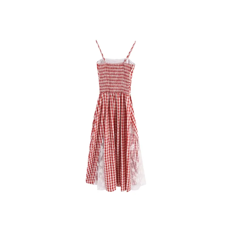 ZVJH Slip Dress Women's Red White Plaid-1