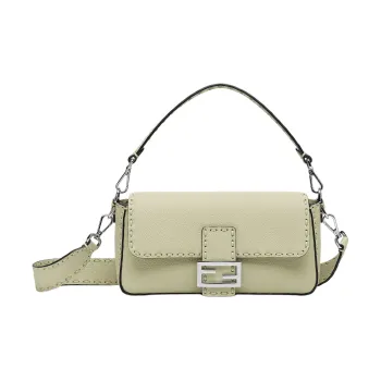 FENDI Baguette Calfskin One Shoulder Handbag Medium Size Women's Gray Green