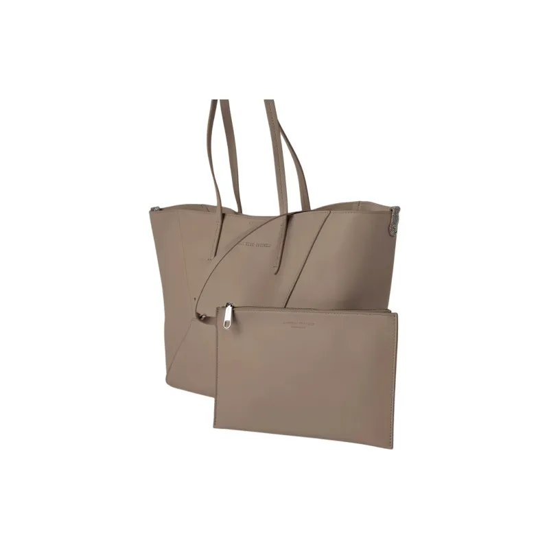 Brunello Cucinelli Calfskin Tote Bag Shopping Bag Shoulder Bags Small Size Women's Taupe Gray-1