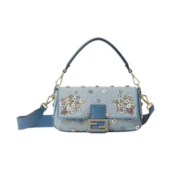FENDI Baguette Denim Shoulder Bag, Crossbody Bag, Handbag Medium Size Women's Blue
