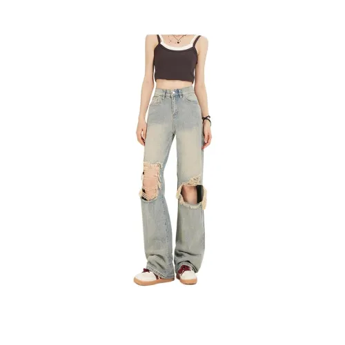 BENGEN Hot Girl Ripped Wide Leg Jeans Women's Nostalgic Blue