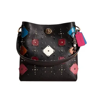 COACH Charlie Glossy Pebbled Leather Bucket Bag Handbag Shoulder Bag Crossbody Bag Large Size Women's Black