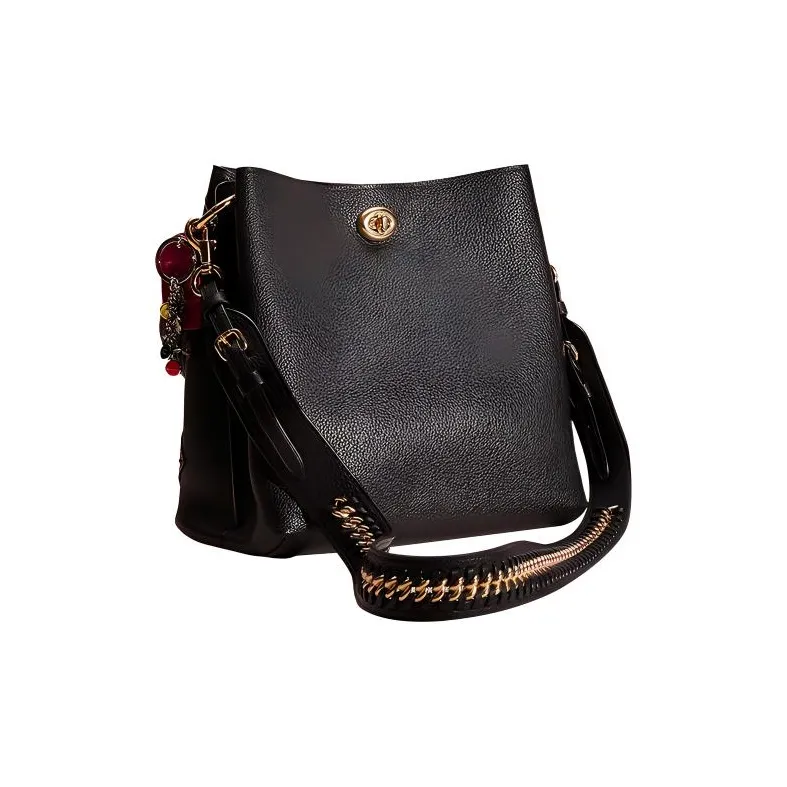 COACH Charlie Glossy Pebbled Leather Bucket Bag Handbag Shoulder Bag Crossbody Bag Large Size Women's Black-1