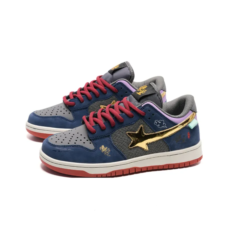 Teddy Bear Collection Low Top Skateboard Shoes Unisex Blue Gold Color-7