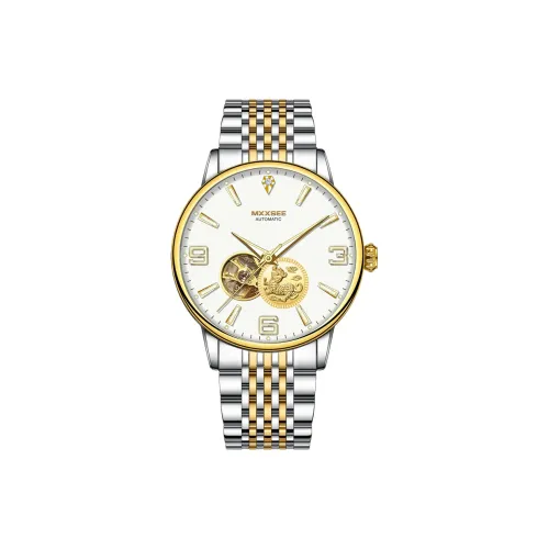 MXXSEE Greeting Card Writing A Box For You Mechanical Movement Steel Strap Watch Men's Watches White Dial