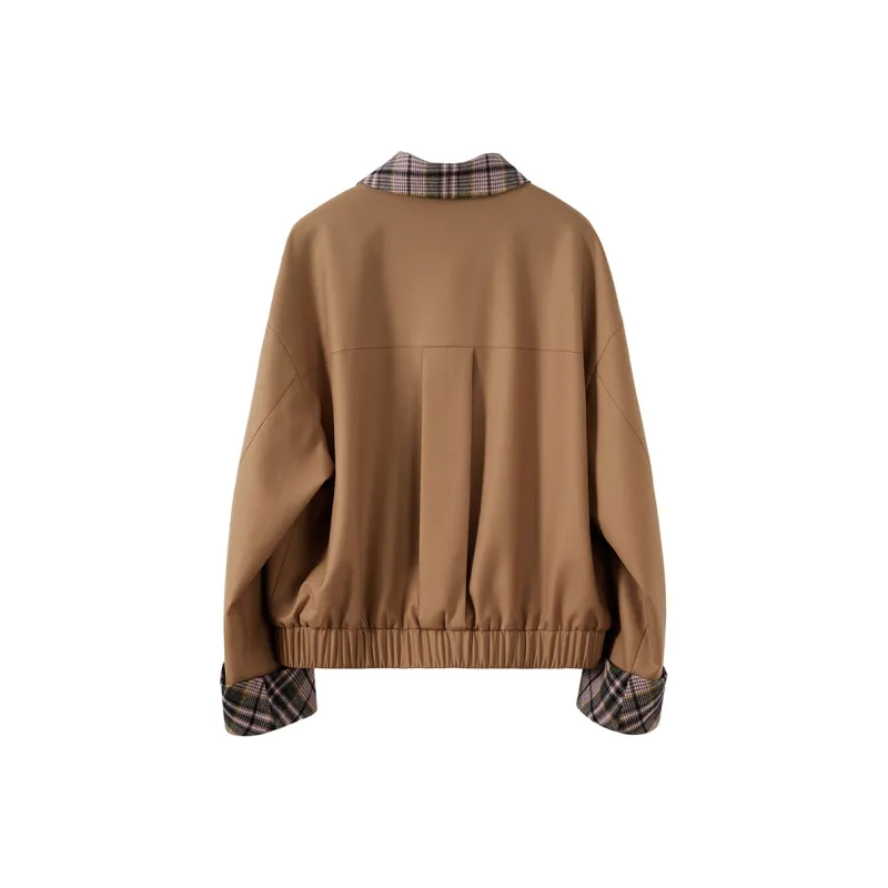 NancyCavally Cropped Coat Women's Khaki Plaid Patch Material-1