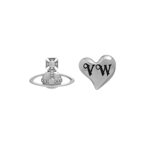 Vivienne Westwood Silver, Recycled Silver Saturn Styling Asymmetrical Heart Stud Earrings Unisex Silver