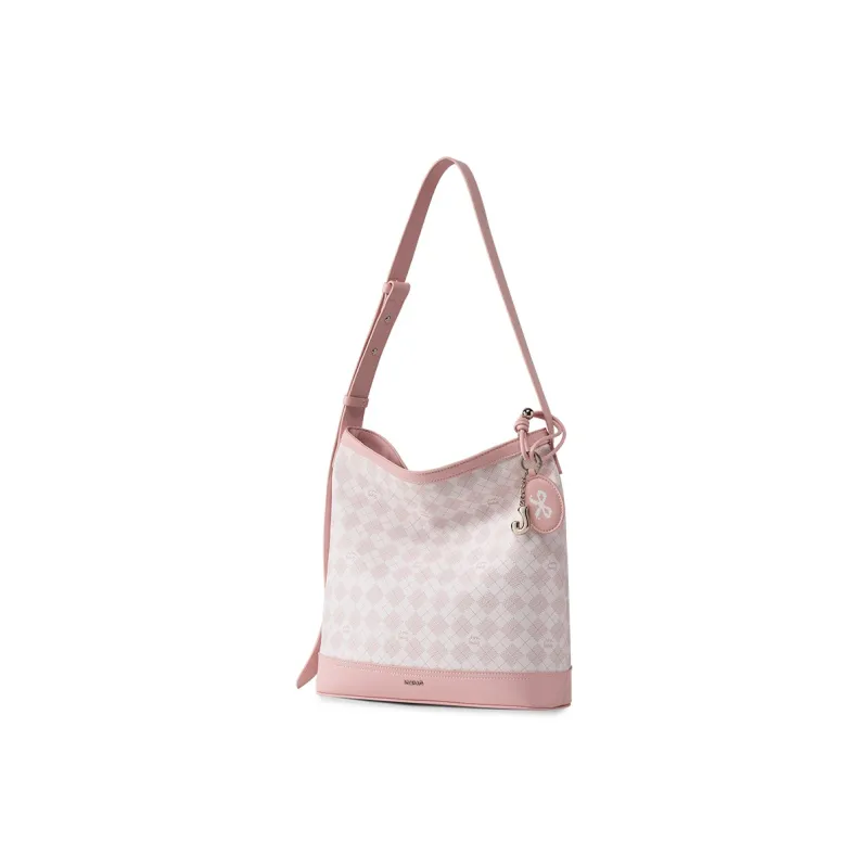 JONBAG PVC Fashion Vintage Versatile Commute Shoulder Bag Medium Size Women's White With Grey Pink/White With Nut Brown-10