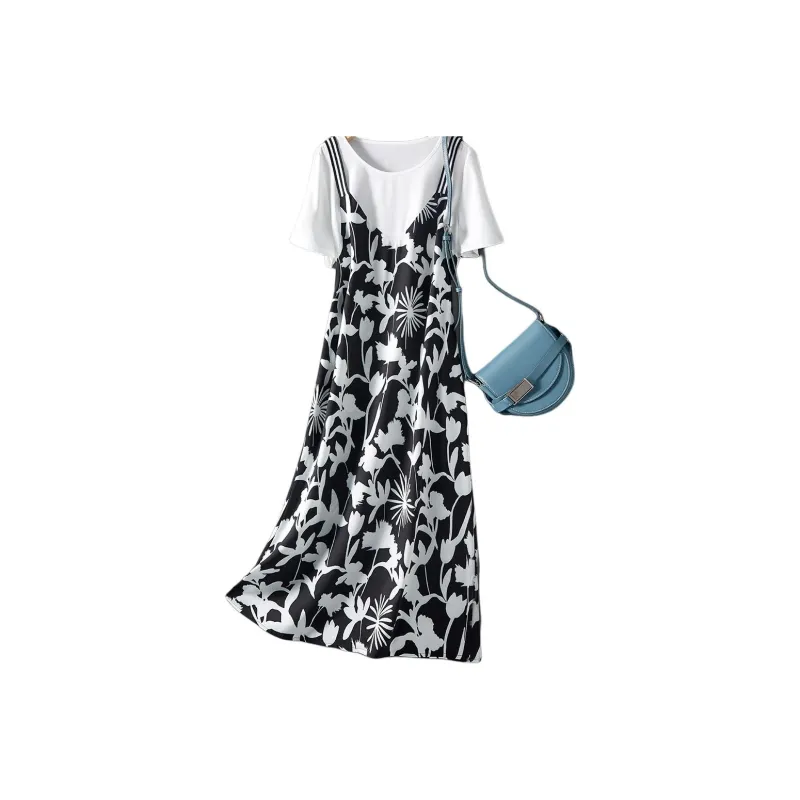 IHIMI Short Sleeved Dress Women's Black White-1