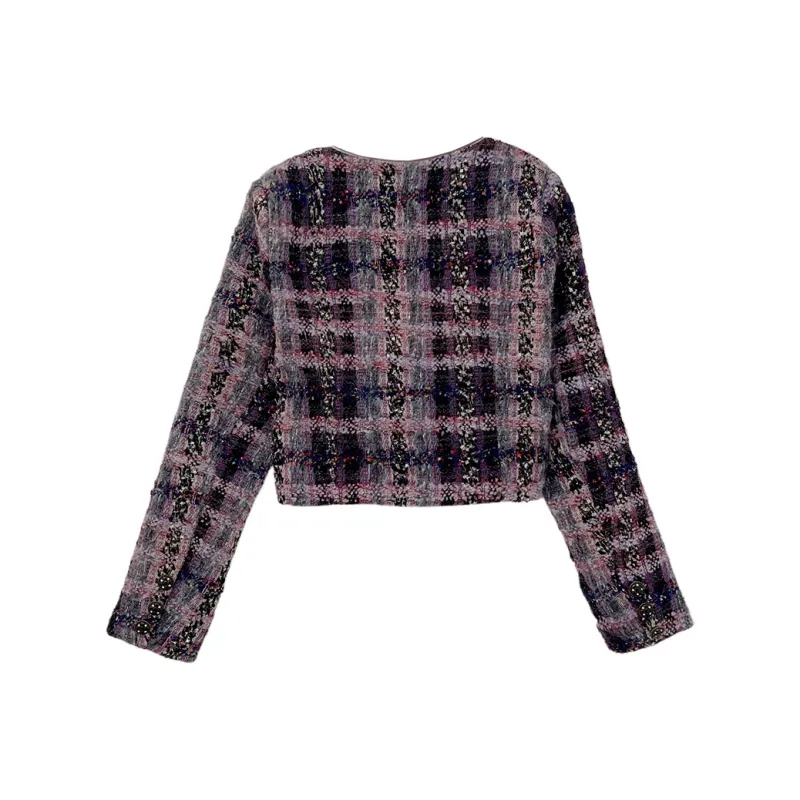 Icicofficial Cropped Coats Women's Purple Plaid Coat-1