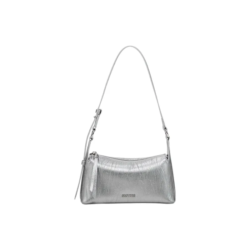 Simedin Cow Leather Crossbody Bag Small Square Baguette Bag Regular Small Size Women's Silver Gray/Deep Black-0