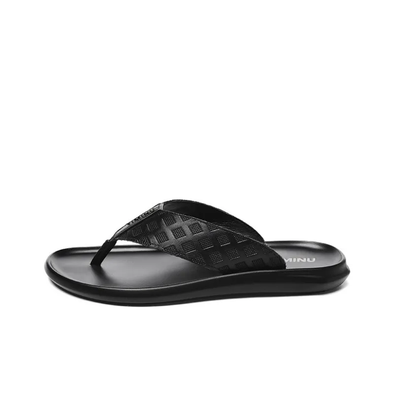 Eminu Rubber Sole Totem Stitching Leather Patchwork Slip Resistant Flip Flops Men's Black-10