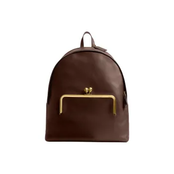 COACH Kisslock Leather Backpack Extra Large Women's Brass & Dark Brown
