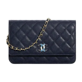 CHANEL WOC Cow Leather Wallet, Chain Bag, Shoulder Bag, Crossbody Bag Regular Women's Marine Blue/Gray Green