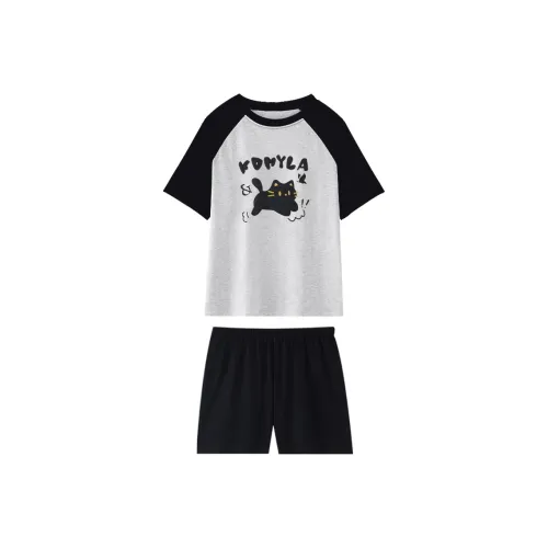 OEING Pajama Set Women's Black White Kitten