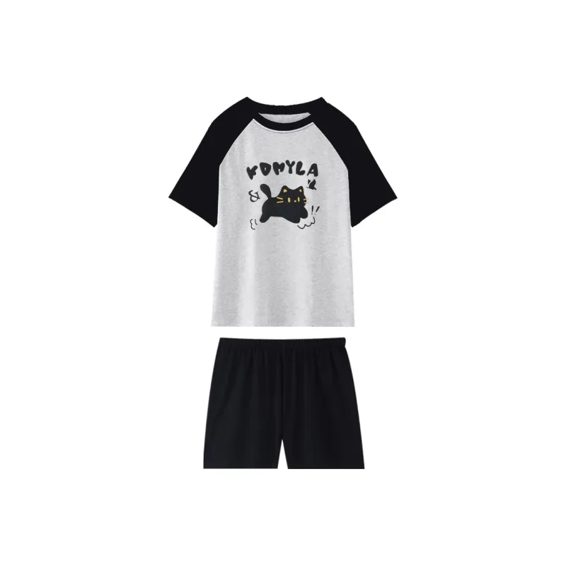 OEING Pajama Set Women's Black White Kitten-0
