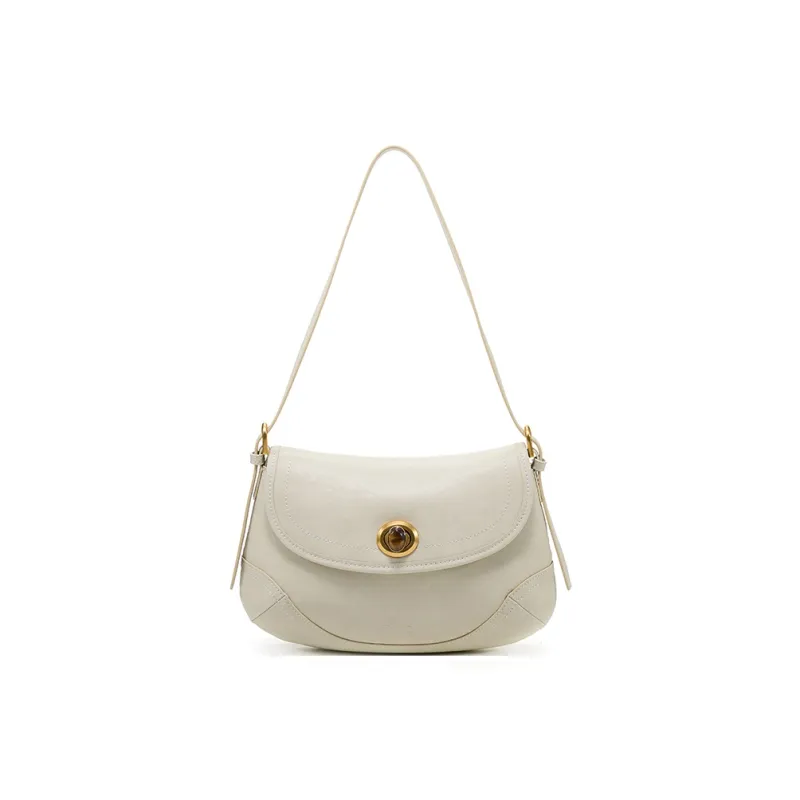 Simedin Cow Leather Saddle Bag Shoulder Bag Women's Ecru/Deep Black-0