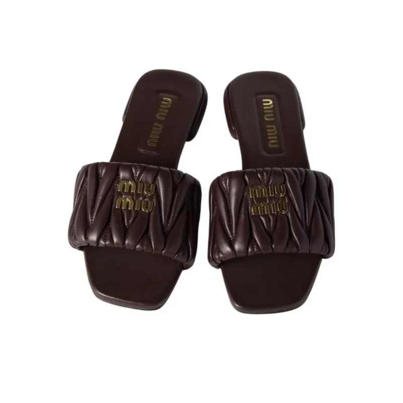 MIU MIU Matelassé Slide Slippers Women's Brown-3