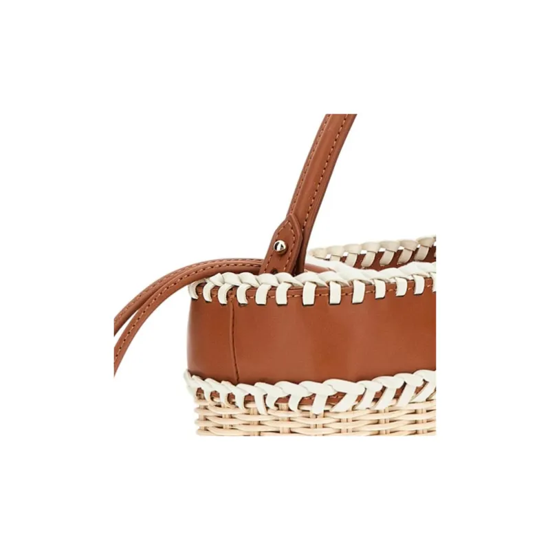 GUESS Straw Woven With Artificial Leather Bucket Bags Handbags Women's Beige & Brown-4