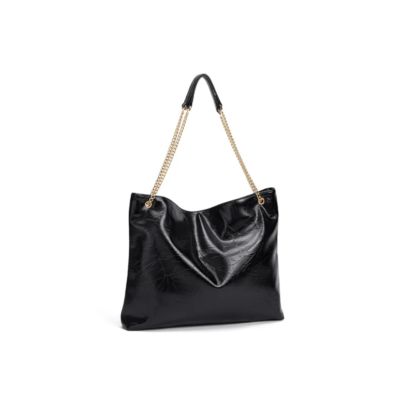 CNOLES Shiny PU Leather Shoulder Bag Tote Women's Black-3