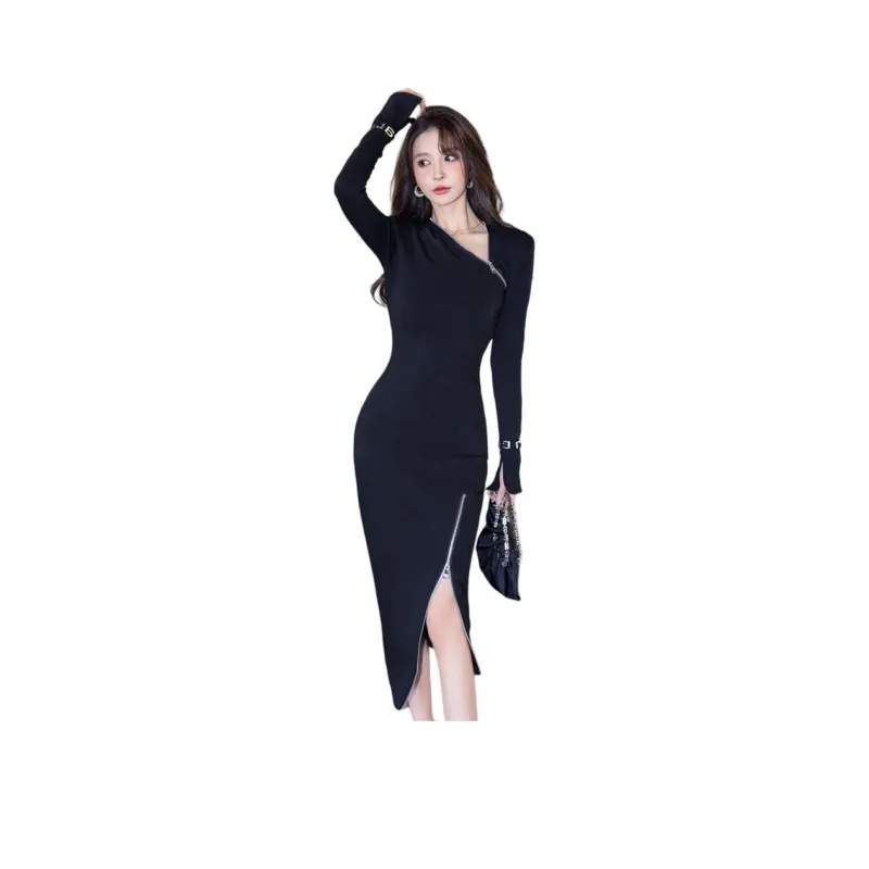 Long Sleeved Dress Style Women's Black Single Item-0