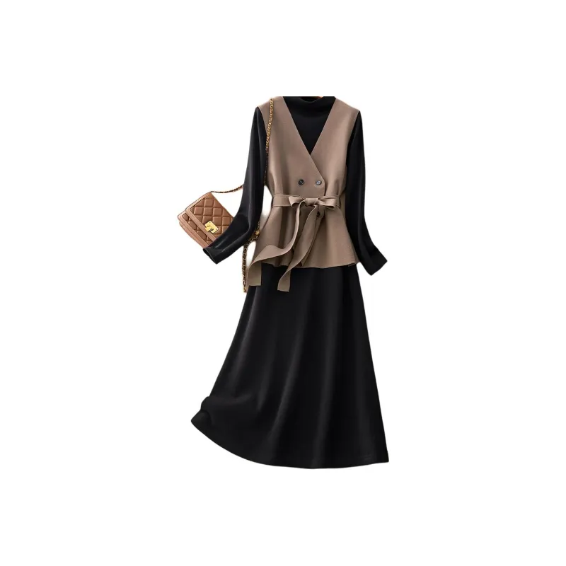 IHIMI Two Piece Skirt Sets Women's Black+Coffee-1