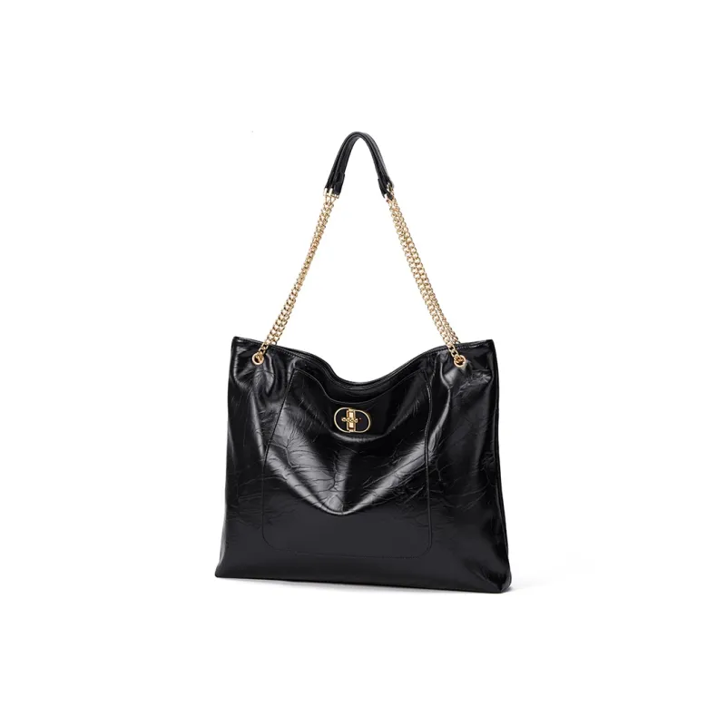 CNOLES Shiny PU Leather Shoulder Bag Tote Women's Black-1