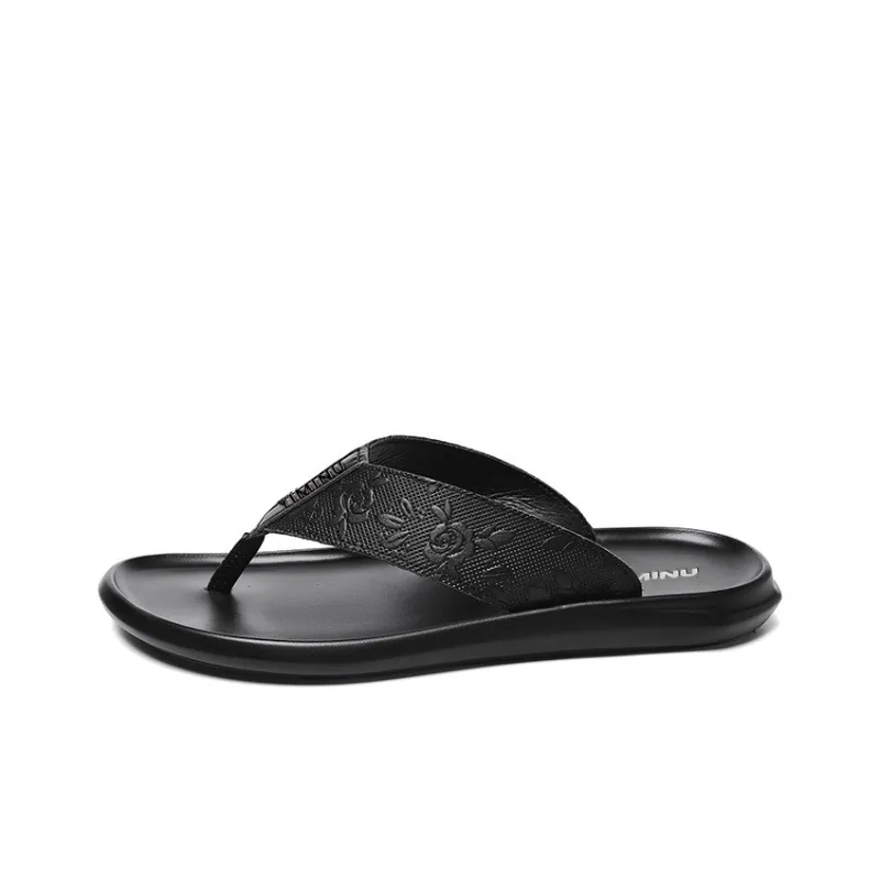 Eminu Rubber Sole Totem Stitching Leather Patchwork Slip Resistant Flip Flops Men's Black-5