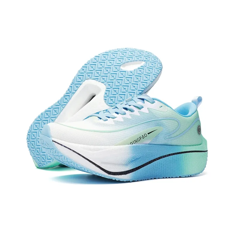 Qing Pao Cushioned Slip Resistant Abrasion Resistant Low Top Carbon Plate Training Running Shoes Men's White Blue Green-4