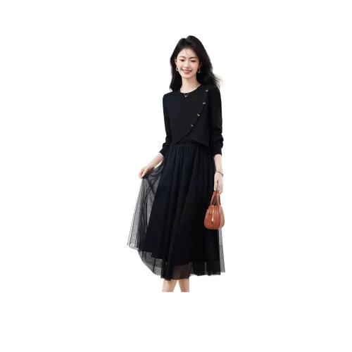 XINFEIYU Skirt Set Women's Black Top/Black Tank Dress