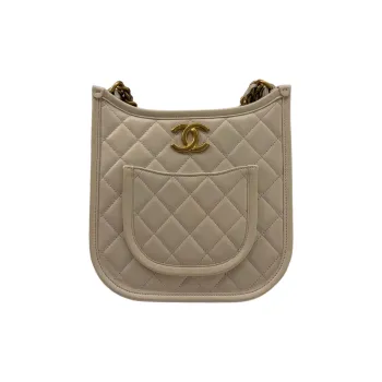 CHANEL Cow Leather Hobo Bag Hippie Bag Crossbody Bag Small Size Women's White