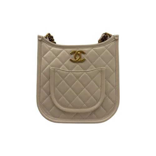 CHANEL Cow Leather Hobo Bag Hippie Bag Crossbody Bag Small Size Women's White