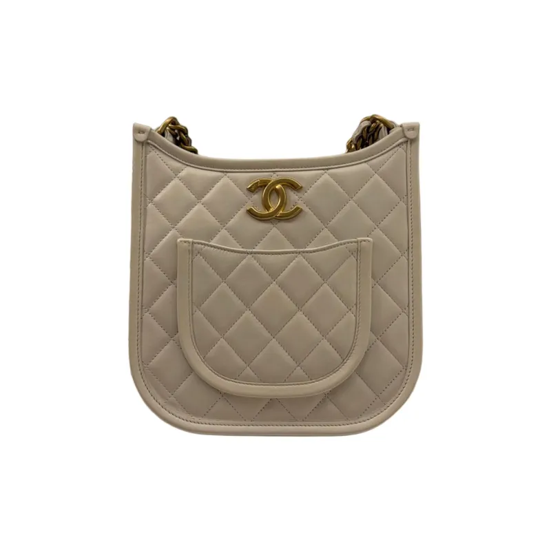 CHANEL Cow Leather Hobo Bag Hippie Bag Crossbody Bag Small Size Women's White-0