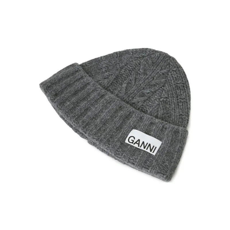 GANNI Logo patch Ribbed knit Beanie-1