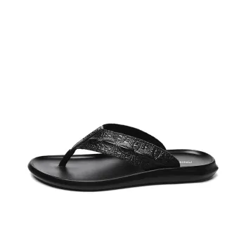 Eminu Rubber Sole Totem Stitching Leather Patchwork Slip Resistant Flip Flops Men's Black