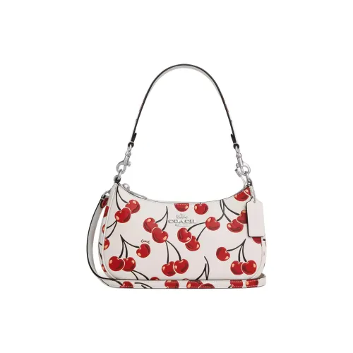 COACH Teri Leather Shoulder Bag Medium Size Women's White & Red