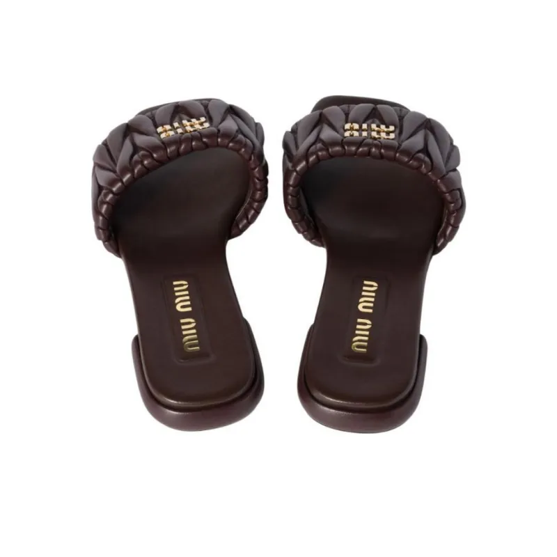 MIU MIU Matelassé Slide Slippers Women's Brown-4