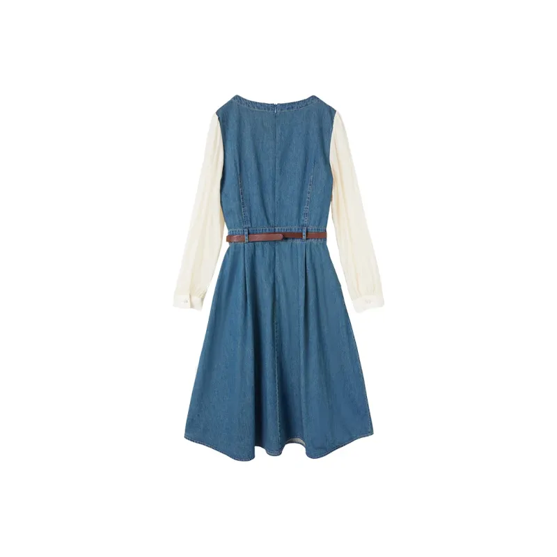 XIANGYING Long Sleeved Dresses Women's Denim Blue-1