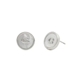COACH Brass Plated, Cubic Zircon, Mother Of Pearl, Titanium Stud Earrings Women's Silver