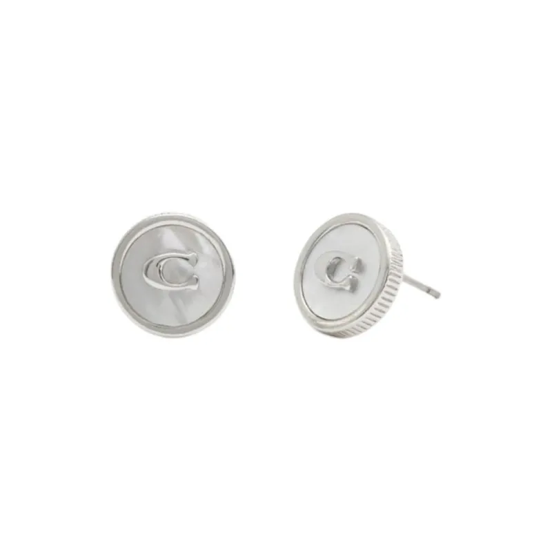 COACH Brass Plated, Cubic Zircon, Mother Of Pearl, Titanium Stud Earrings Women's Silver-0