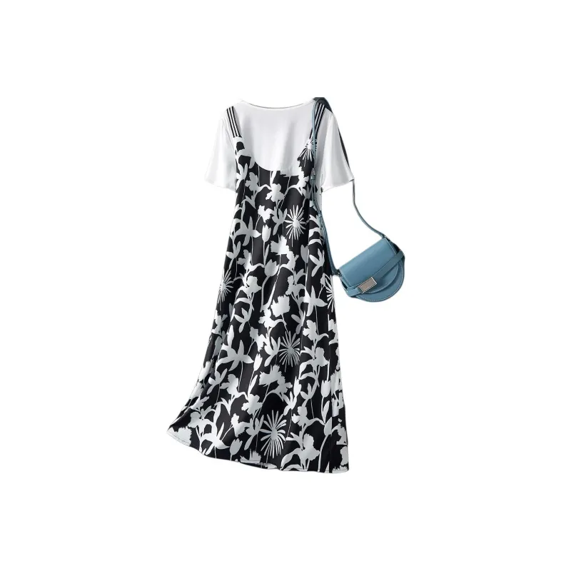 IHIMI Short Sleeved Dress Women's Black White-2